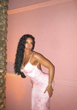 Sexy Pink Mermaid Spaghetti Strap V Neck Printed Ball Gown Evening Dress HZ1024