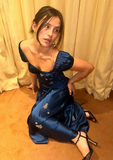 Soft Navy Short Sleeve Satin Ankle Length Ball Gown Evening Dress HZ1024