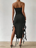 Simple White Mermaid Off-shoulder Strapless Slit Ruffled Ball Gown Evening Dress HZ1024
