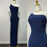 Navy Blue One Shoulder High Slit Sequin Floor Length Formal Ball Gown Evening Dress HZ1024