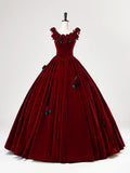 Burgundy Velvet Long Prom Dress with Flower, Beautiful A-Line Formal Party Dress HZ1024
