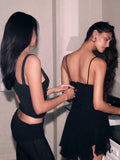 Sexy Black Strap Deep V Neck Chiffon Mini Ball Gown Evening Dress HZ1024