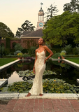 Simple Champagne Strap Sequin Mermaid Backless Ball Gown Evening Dress HZ1024