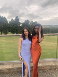 Elegant One Shoulder Soft Bodycon Slit Prom Dress Bridesmaid Dress HZ1024