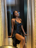 Chic Black Halter Low Neck Slit Short Prom Dress Party Dress HZ1024