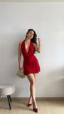 Sexy Burgundy Halter Neck Low Neck Sleeveless Chiffon Short Prom Dress Evening Dress HZ1024