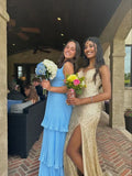 Elegant Blue Strapless Sleeveless Layered Pleated A-Line Ball Gown Bridesmaid Dress HZ1024