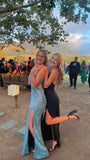 Shiny Blue Spaghetti Strap Slit Floor Length Prom Dress Bridesmaids Dress HZ1024