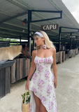 Printed Spaghetti Strap Sleeveless Chiffon High Low Prom Dress Party Dress HZ1024