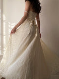 Vintage Ivory Spaghetti Strap Lace A-Line Prom Dress Wedding Dress HZ1024