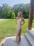 Shiny Gold V-neck Sleeveless Slit Neck Floor-length Prom Dress Bridesmaid Dress HZ1024