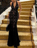 Sexy Deep V Neck White Lace Halter Backless Mermaid Prom Dress Evening Dress HZ1024