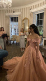 Sweet pink off-the-shoulder tulle floor-length A-line prom dress evening dress HZ1024