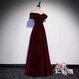 A-Line Off Shoulder Velvet Burgundy Long Prom Dress, Burgundy Formal Dress HZ1024