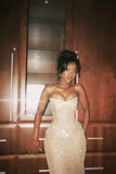 Vintage Ivory Shiny Mermaid Sleeveless Strapless Long Prom Dress Evening Dress HZ1024