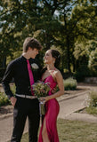 Strapless Simple V-neck Pink Satin Mermaid Slit Long Prom Dress Bridesmaid Dress HZ1024