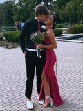 Strapless Simple V-neck Pink Satin Mermaid Slit Long Prom Dress Bridesmaid Dress HZ1024