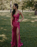 Strapless Simple V-neck Pink Satin Mermaid Slit Long Prom Dress Bridesmaid Dress HZ1024