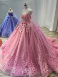 Sweet Princess Dress Pink Strapless Sweetheart Neck Lace Tulle With Train Prom Dress HZ1024