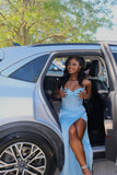 Elegant blue shoulder strap satin high slit long prom dress evening dress HZ1024