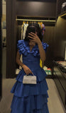 Sapphire Blue V-neck Sleeveless Ruffled Layered A-line Prom Dress Evening Dress HZ1024