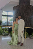 Simple Green Satin Strapless Slit Sequin Mermaid Prom Dress Evening Dress HZ1024