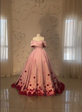 18th Birthday Pink Off Shoulder Satin 3D Flower A-Line Long Party Dress Prom Dress HZ1024