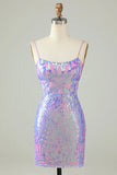 Chic Light Purple Sequin Lace-up Design A-line Spaghetti Strap Homecoming Dress HZ1024