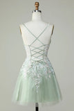 Gorgeous Light Green Appliqued Tulle Design A-line Spaghetti Strap Homecoming Dress HZ1024