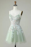 Gorgeous Light Green Appliqued Tulle Design A-line Spaghetti Strap Homecoming Dress HZ1024