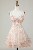 Charming Champagne Corset Floral Design A-line Spaghetti Strap Homecoming Dress HZ1024