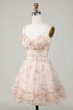 New Fashion Champagne Floral Design A-line Corset Spaghetti Strap Short Homecoming Dress HZ1024