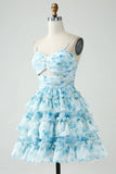 Vintage Light Blue Floral Design A-line Spaghetti Strap Tiered Homecoming Dress HZ1024