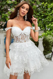 Charming Off-the-shoulder White Lace Corset Design A-line Homecoming Dress HZ1024