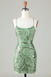 Chic Green Sequin Lace-up Design A-line Spaghetti Strap Tight Homecoming Dress HZ1024