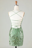 Chic Green Sequin Lace-up Design A-line Spaghetti Strap Tight Homecoming Dress HZ1024