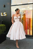 Retro Light Pink Sweetheart Strapless Design A-line Satin Party Dress Homecoming Dress HZ1024