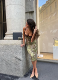 Sexy Vintage Green Floral Print Spaghetti Strap Satin Ankle Length Prom Dress Evening Dress HZ1024