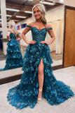 Vintage Sweetheart Sequin A-Line Sweetheart Evening Gown Off-the-shoulder Party Dress Tiered Floor Length Formal Dress HZ1024