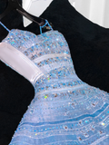 Vintage Sparkling Blue Sequin Sweetheart A-Line Design Tulle Evening Dress Prom Dresses HZ1024