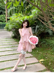 Stylish Pink Patchwork Ruffled Sleeveless Seaside Holiday Halter Dress HZ1024