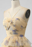 Vintage Yellow Floral Design A-line Spaghetti Strap Tiered Homecoming Dress HZ1024