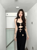 Elegant Black Halter-neck Rose Metal Button Prom Dress Sheath Evening Gown Party Dress Trailing Long Formal Dress HZ1024