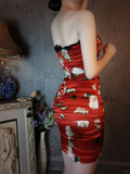 Vintage Red Floral Design Satin Strapless Romantic A-line Short Homecoming Dress HZ1024