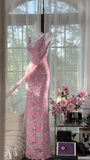 Vintage Gorgeous Pink Floral V-neck Applique Elegant Chiffon Long Evening Dress Prom Dresses HZ1024
