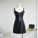 Simple Black Split Dress Design A-line Sleeveless Spaghetti Strap Leather Dress HZ1024
