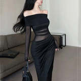 Simple Fashion Black Mesh Long-sleeved Dress HZ1024
