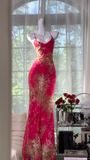 Vintage Red Floral Long Prom Dress Sheath Chiffon Spaghetti Strap Backless Formal Dress HZ1024