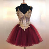 Vintage Shiny Beaded Homecoming Dress V-neck Party Dress Short A-Line Cocktail Dress HZ1024