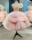 Vintage Shiny Pink A-Line Homecoming Dress Off-the-shoulder Party Dress Tulle Cocktail Dress HZ1024